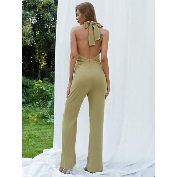 LAVISH ALICE Halter Flare Leg Jumpsuit in Sage Green Size US 2 - Picture 12 of 12
